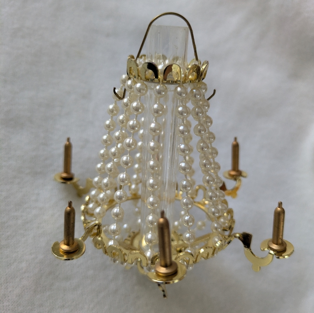 Miniature Gold and Pearl Chandelier Dollhouse Christmas Ornament 4"Wx, 4.5" H